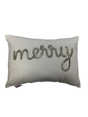 Christmas Silver Beaded Merry Design White Cotton Throw Pillow Devi Designs